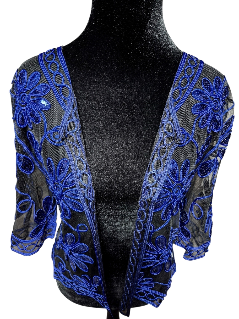 Sheer Floral Embroidered V-Neck Blouse Cobalt Blue Floral With Black Mesh - Picture 10 of 10